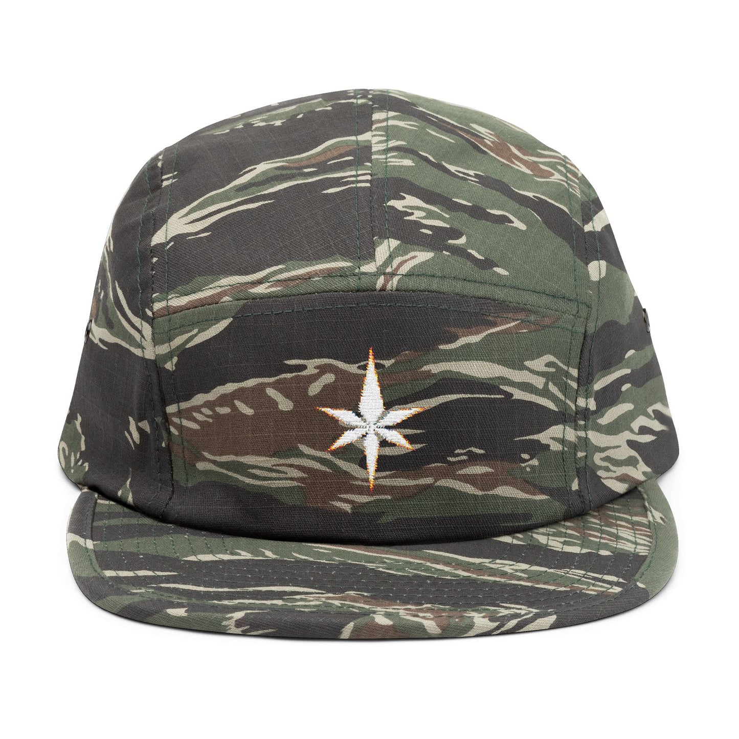 Camo Compass Star 5-Panel Cap — Embroidered Outdoor Streetwear Hat
