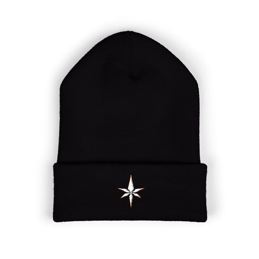Embroidered Compass Rose Cuffed Beanie — Minimal Outdoor Knit Hat